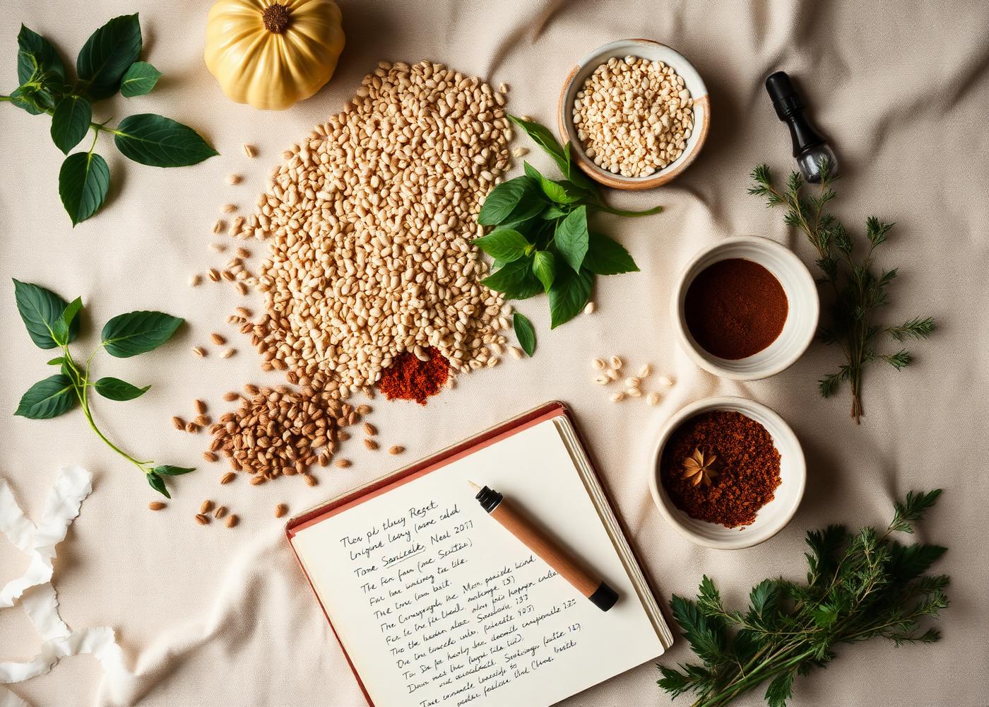 Ingredients, spices and a formulation notebook on a linen surface