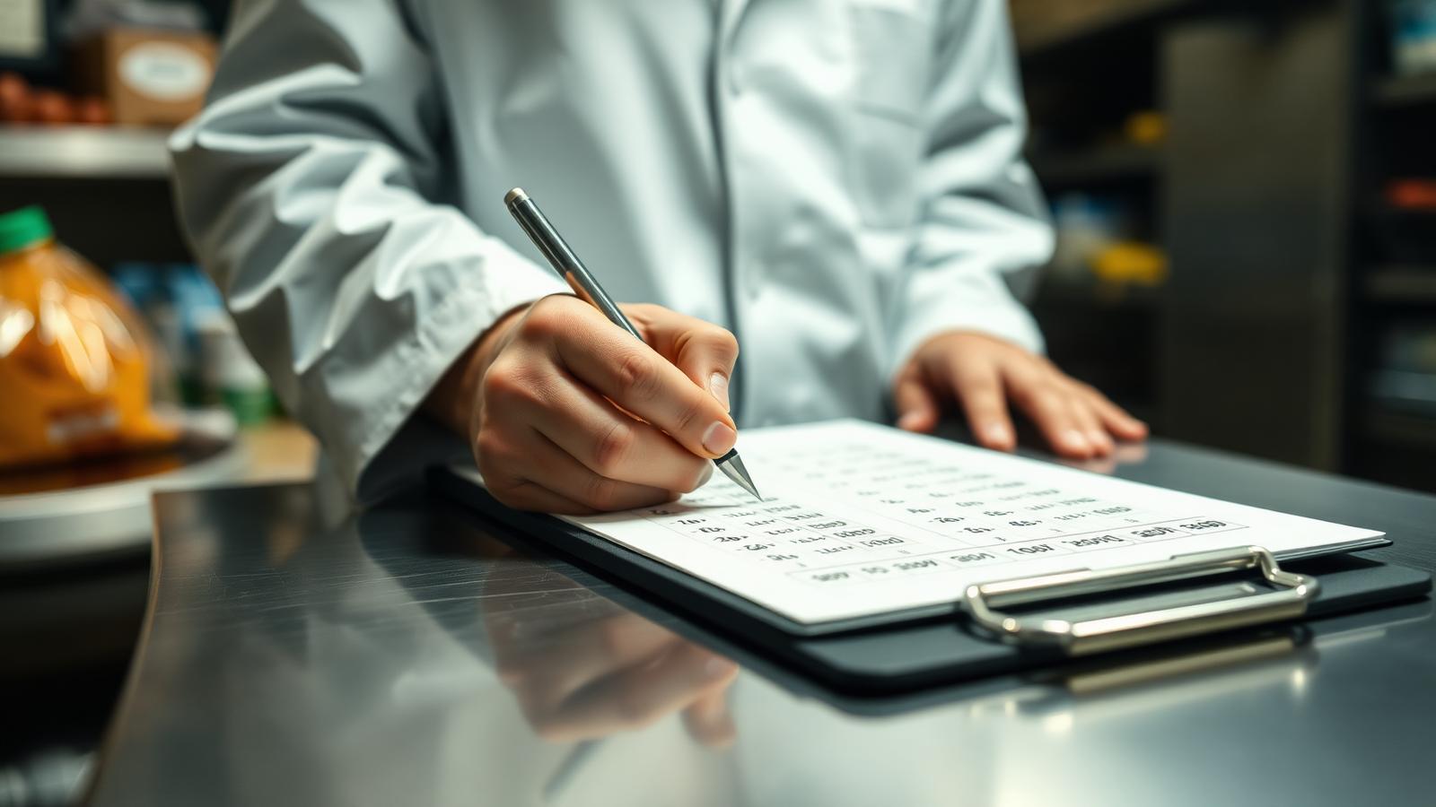 Food consultant writing formula on clipboard in production facility