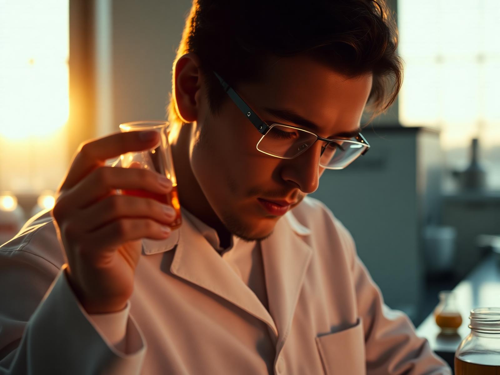 Food technologist examining a beaker in a modern lab